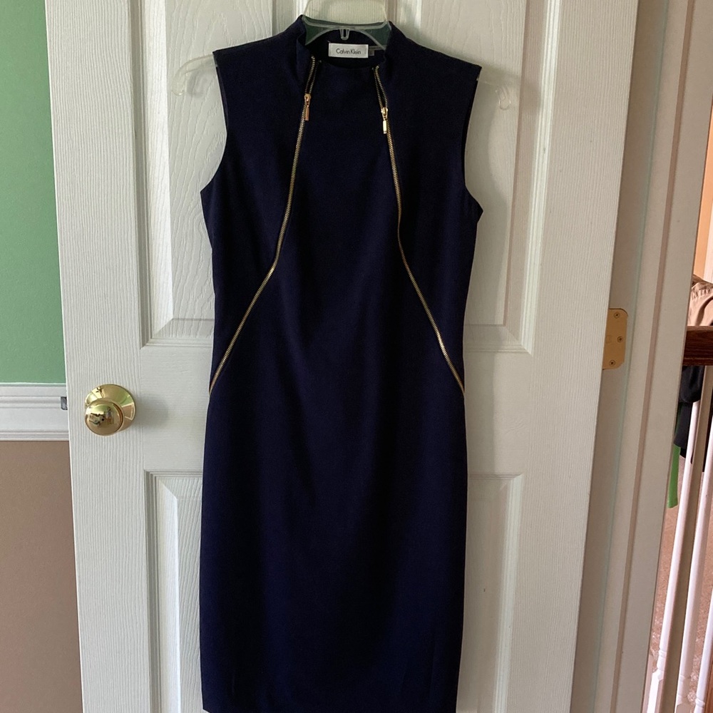 Calvin Klein Navy Dress with Gold Accents